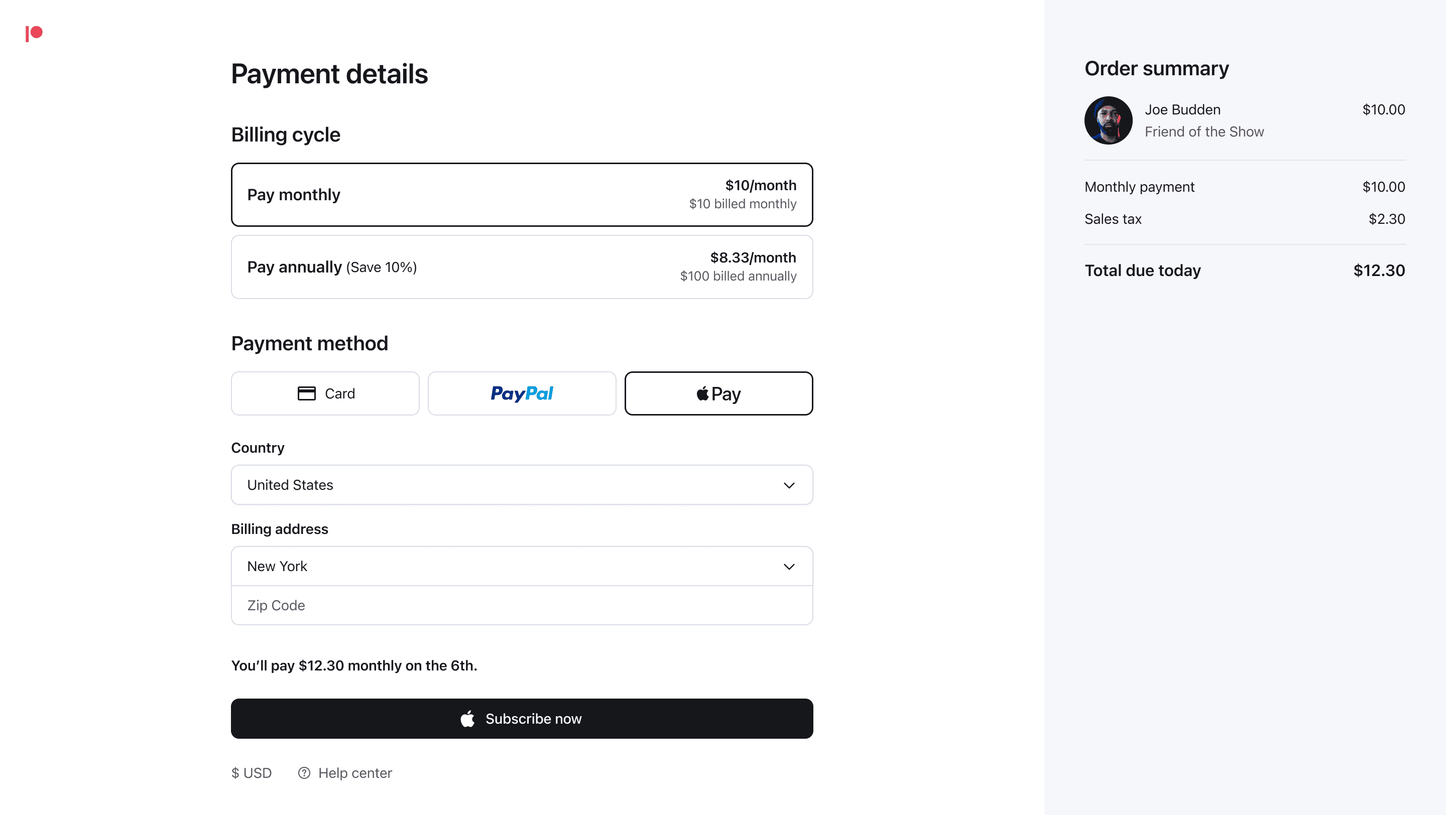 Screenshot of becoming a patron