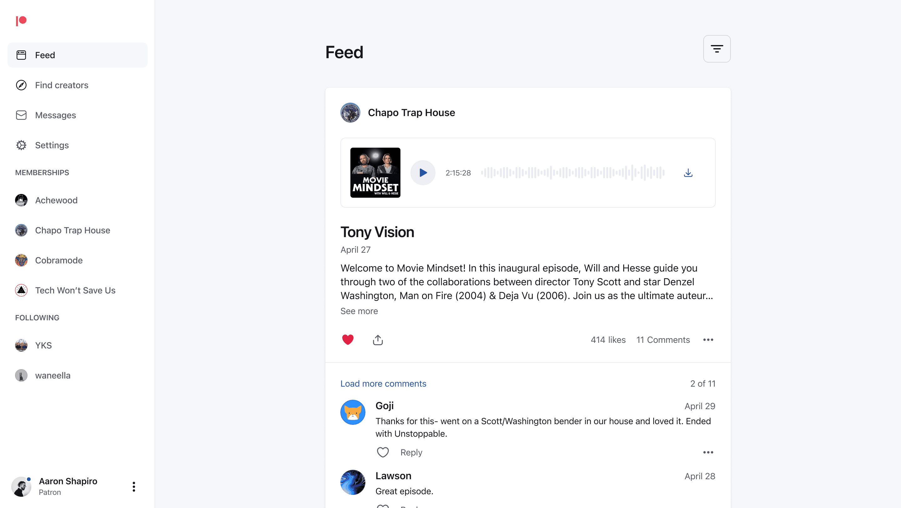Screenshot of the patron feed on desktop