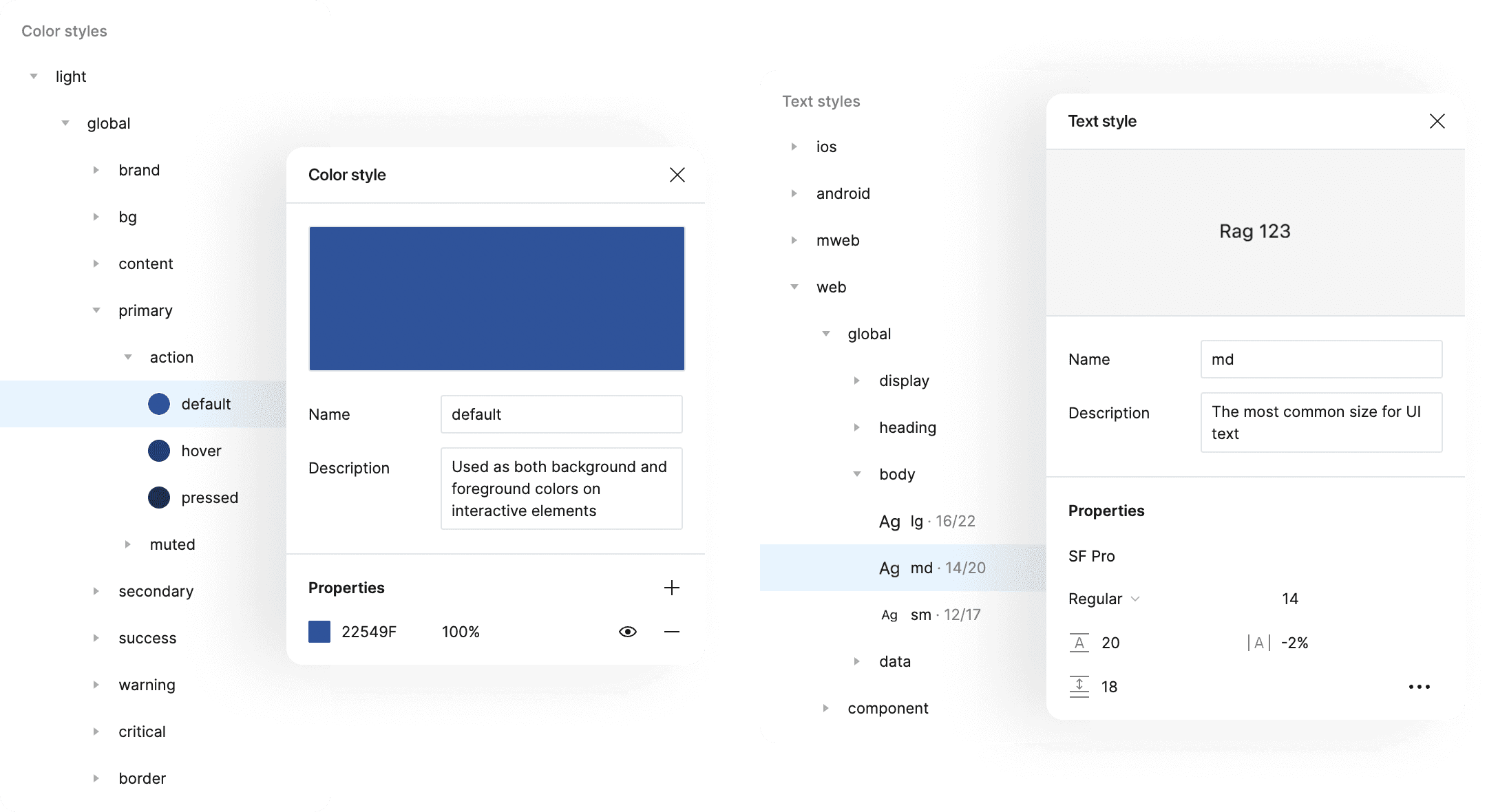 Screenshot of Figma styles generated by Tokens Studio