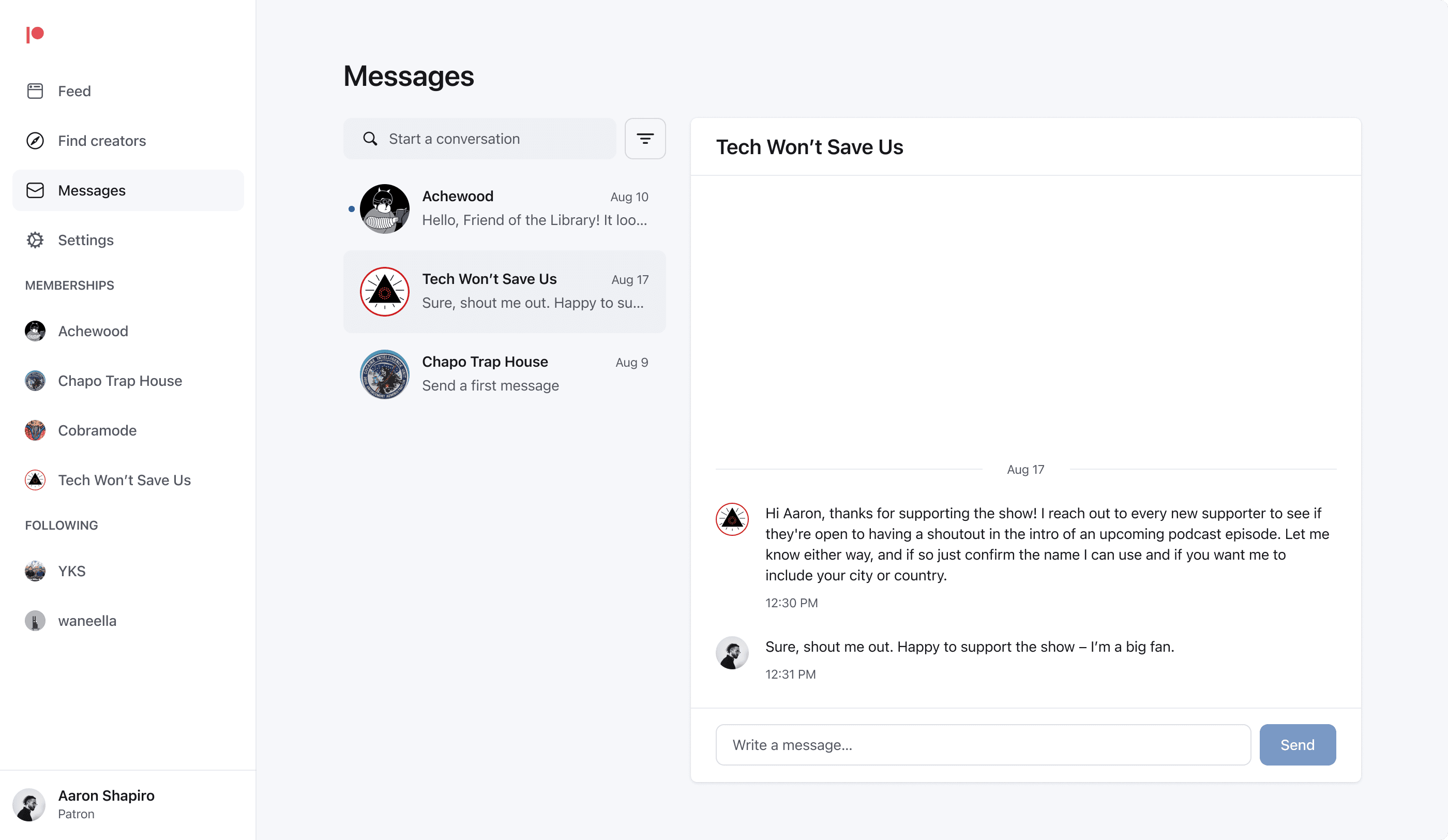 Screenshot of messaging on desktop