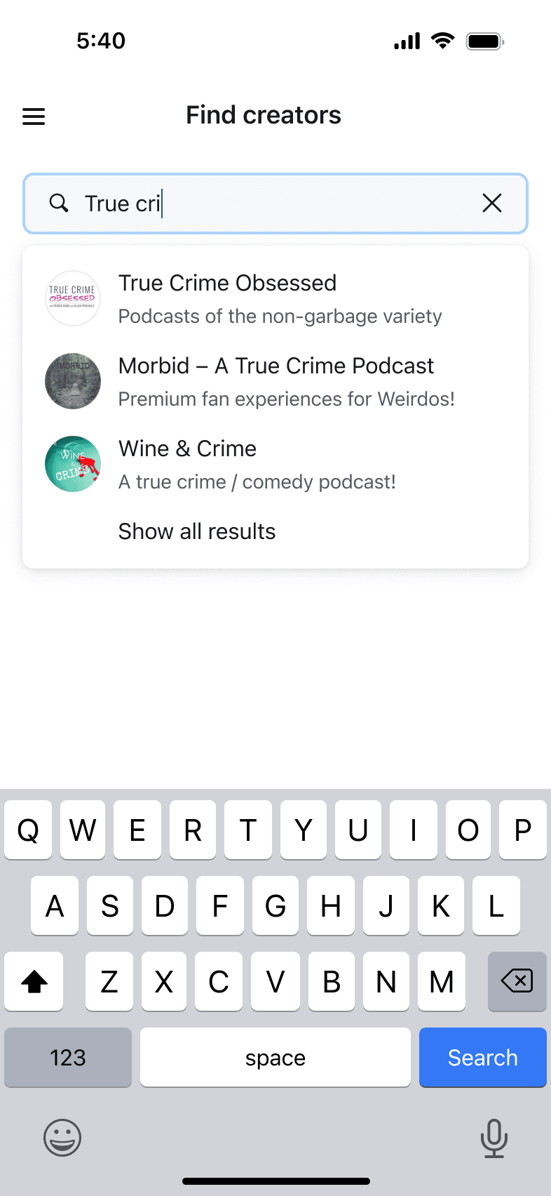 Screenshot of a search query