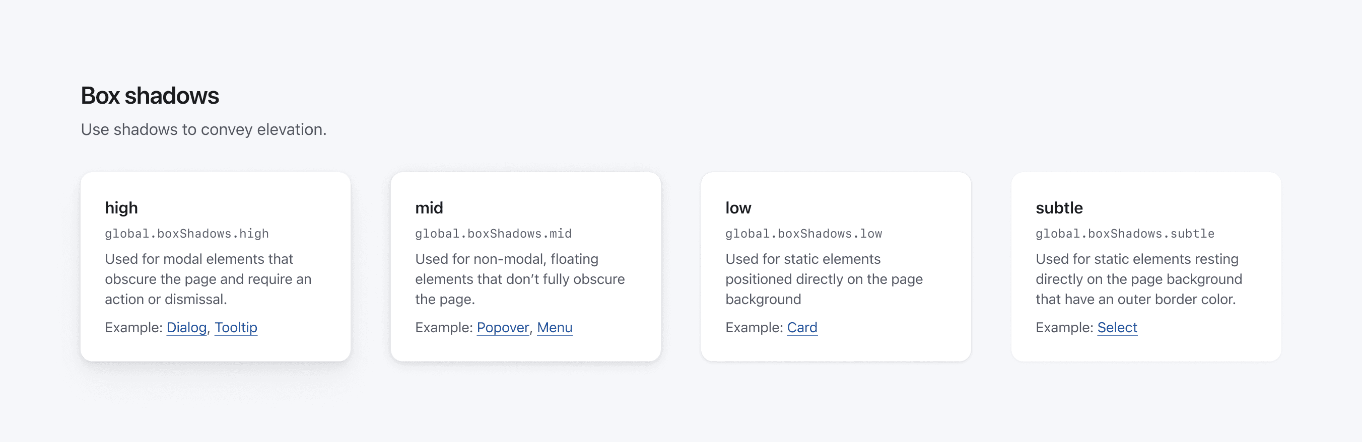 Screenshot of box shadow tokens documented in Figma