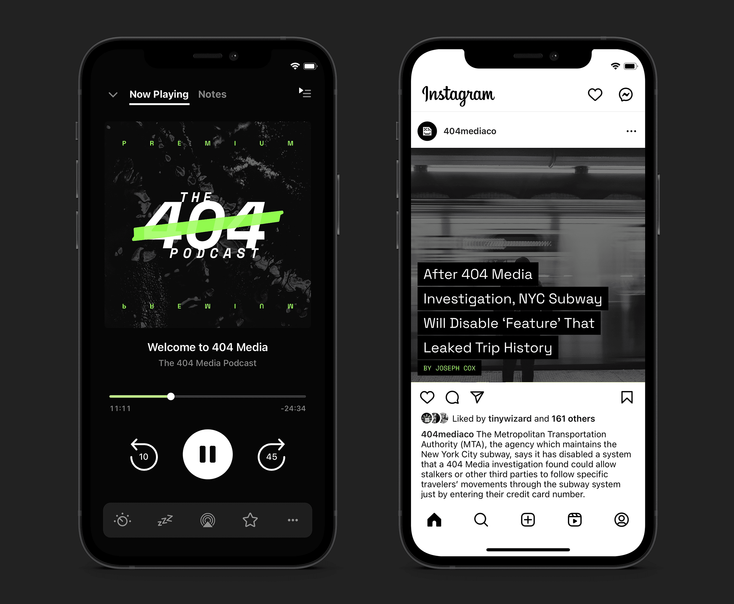 Screenshots of the 404 Media Podcast and Instagram account