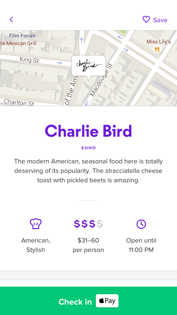 Screenshot of checking into a restaurant from its detail screen