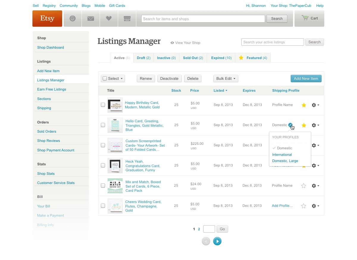 Screenshot of Etsy's old listings manager
