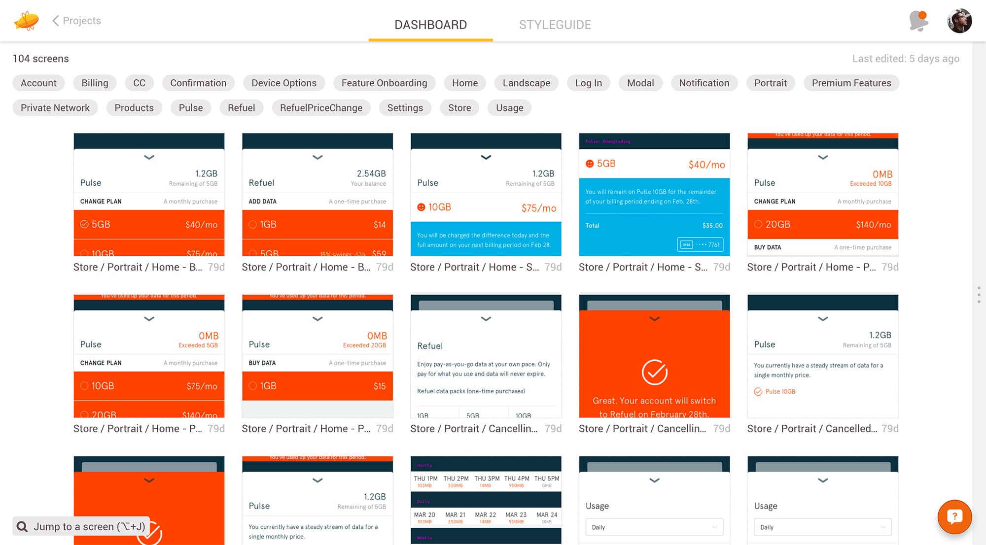 Screenshot of Karma's app mockups in organized in Zeplin