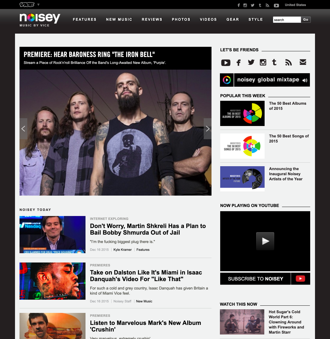 Noisey's homepage in 2015